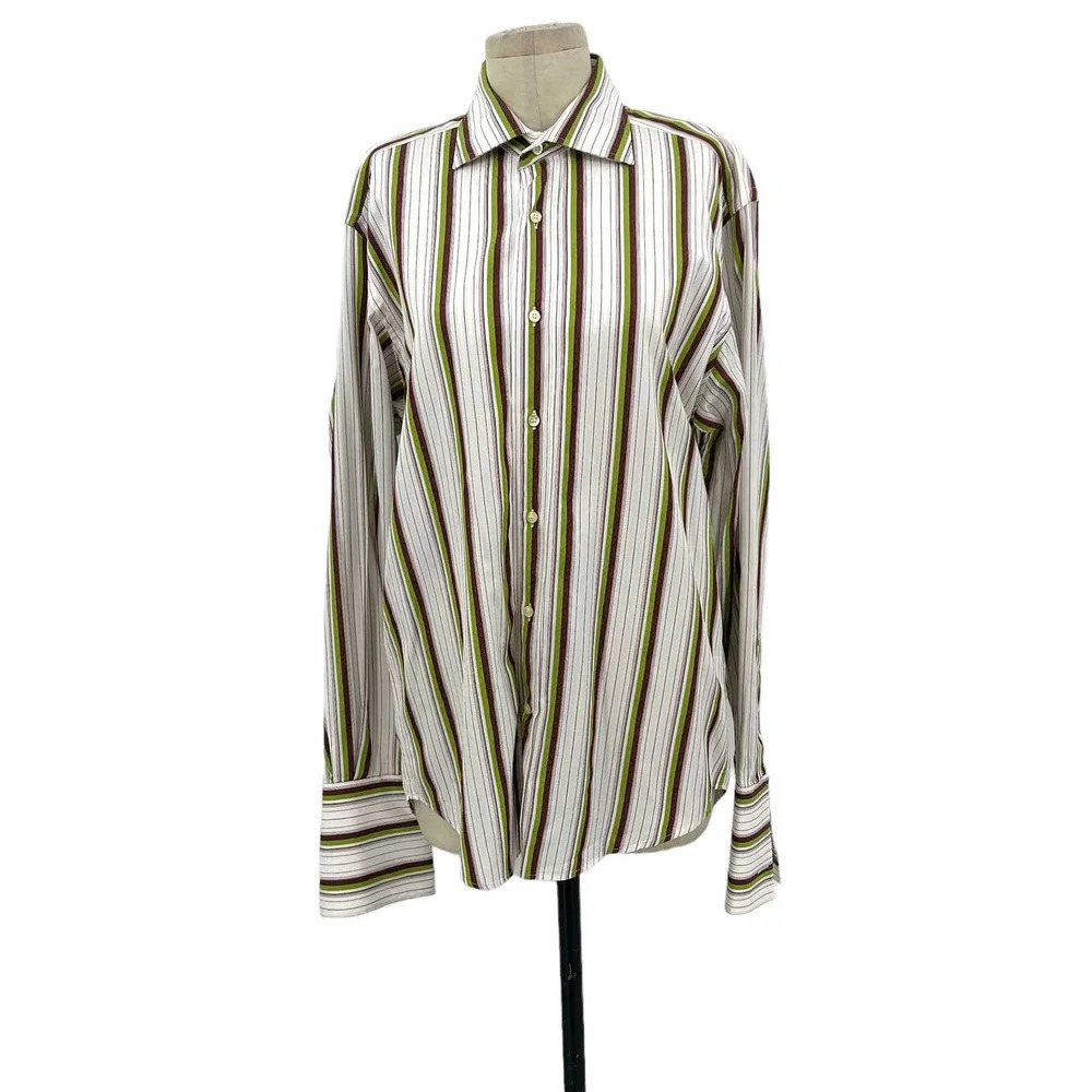 Etro Men's Button Down Shirt White Lime‎ Green Maroon Pinstripe Size 39